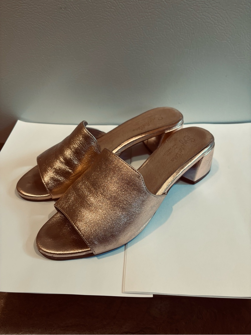 Seychelles Metallic Rose Gold Low Block Heel Slides